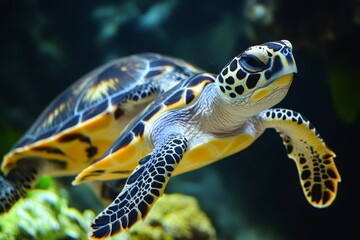 Fototapeta premium Turtle gliding gracefully through a vibrant underwater environment showcasing coral reefs and marine life
