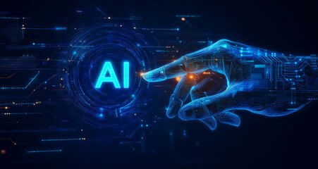 La main num&eacute;rique d'une IA qui d&eacute;signe un logo AI, sur un fond bleu technologique