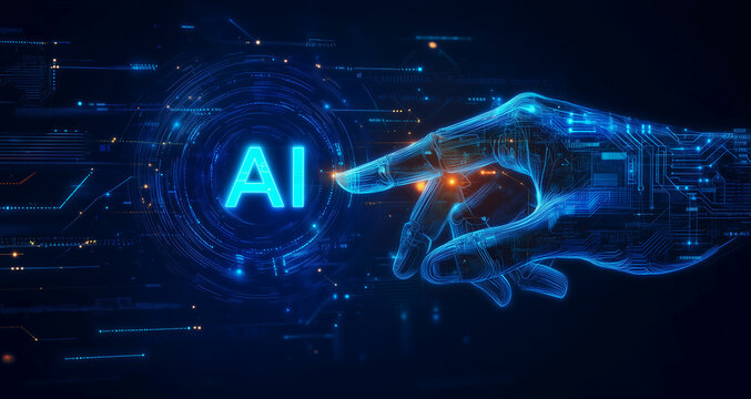 La main num&eacute;rique d'une IA qui d&eacute;signe un logo AI, sur un fond bleu technologique