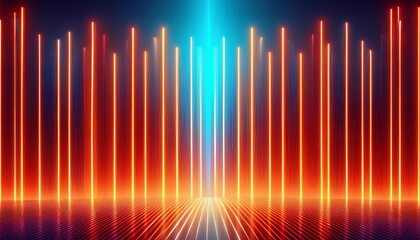 Fototapeta premium Artistic Colorful Orange Neon Glowing Vertical Lines Against Red Blue Background. Generated image