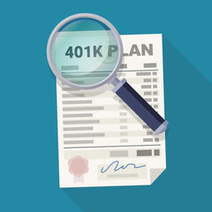 401k plan with a magnifying glass placed on it on a blue background with long shadow (flat design)