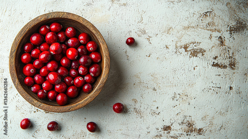 Poster bright red cranberries are displayed in a wooden bowl on a rustic surface, with a few berries scatte