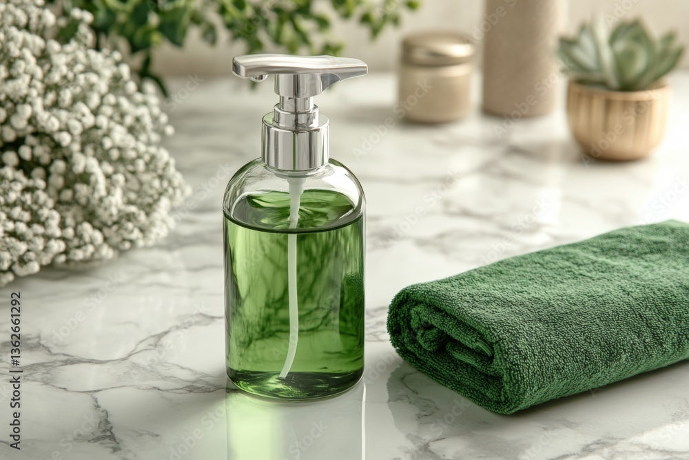 Poster soap dispenser and green towel on marble surface with plants in a bright and calming interior settin