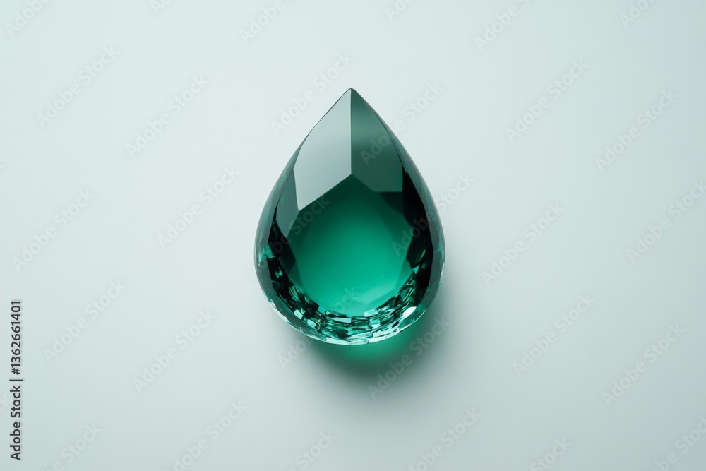 Poster emerald green crystal teardrop on a light background showcasing elegant facets and reflections