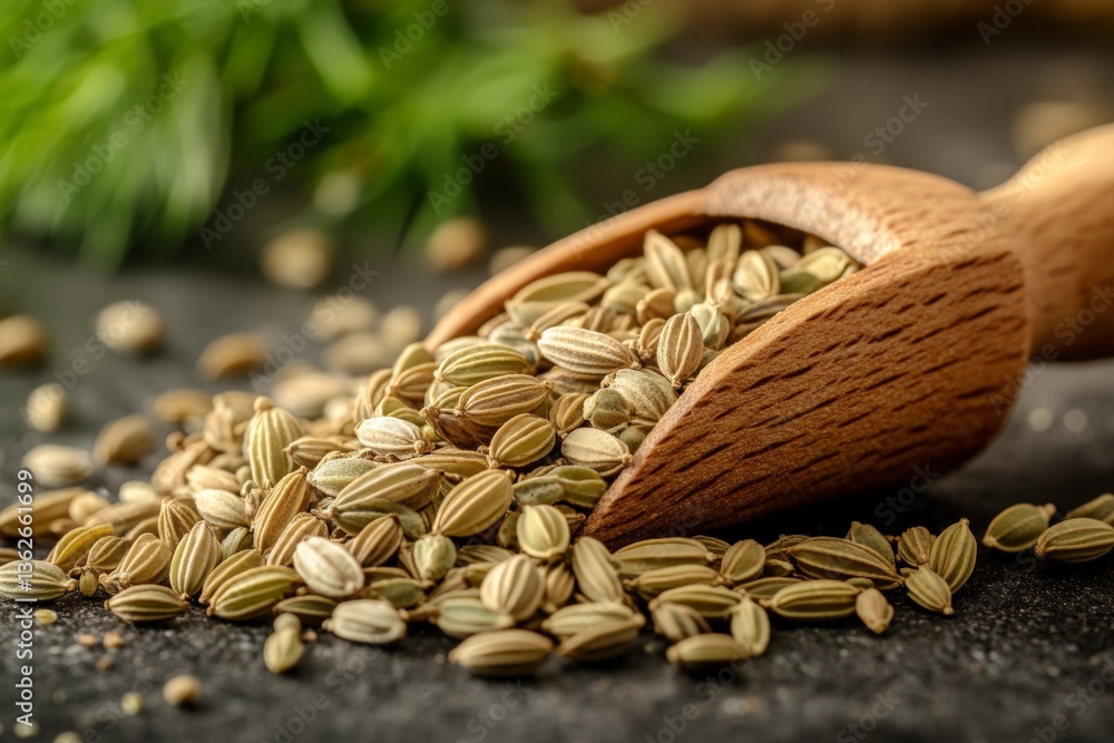 Poster Exploring the rich texture of spices with wooden scoop filled with aromatic seeds on rustic surface