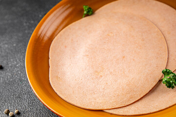 Sausage vegetarian seitan soy product ingredients legume no meat appetizer vegetables dish fresh gourmet food background on the table rustic food top view copy space diet vegetarian and vegan food