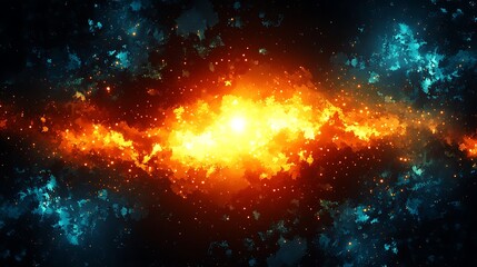 Obraz premium A vibrant abstract digital artwork depicting a burst of orange and yellow light within a cosmic, star-filled backdrop