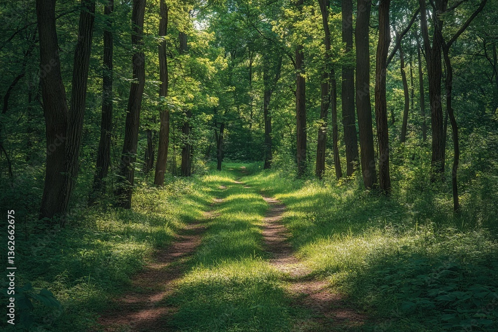 Aufkleber serene forest pathway surrounded by lush greenery on a sunny day in a tranquil woodland setting