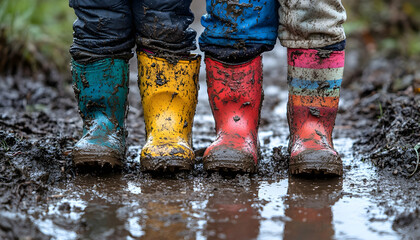 Muddy fun! Four pairs of colorful boots standing in a puddle