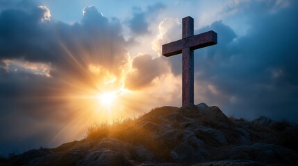 A serene landscape featuring a wooden cross against a dramatic sky, sunlight breaking through clouds. This image symbolizes faith, hope and spiritual reflection in nature's beauty.