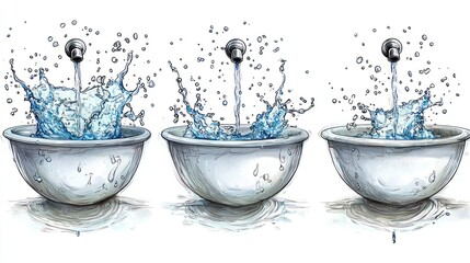 Water Splashing into Bowls: A Dynamic Trio