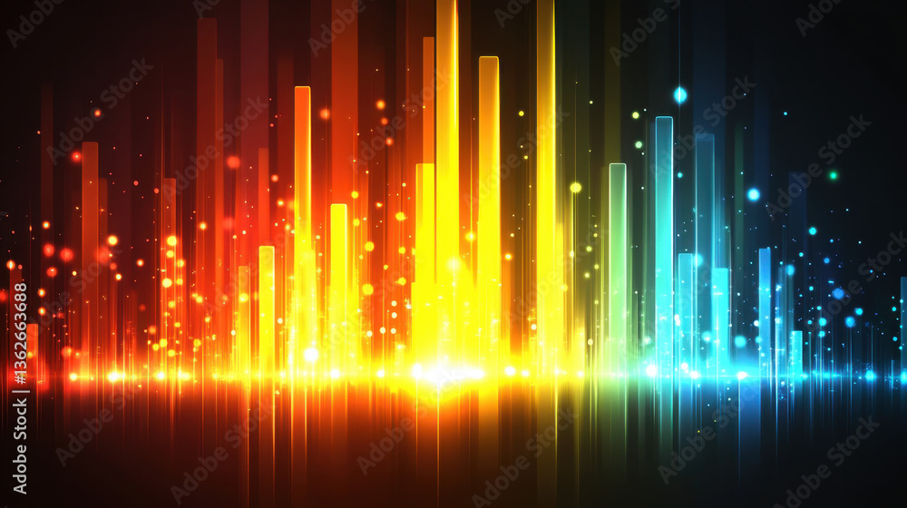 Poster bright, glowing bars in various colors illustrate data patterns against a dark backdrop, creating an