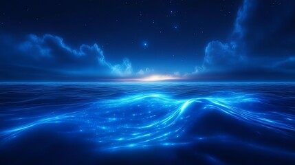 Calm ocean waves under a starry night sky at twilight.