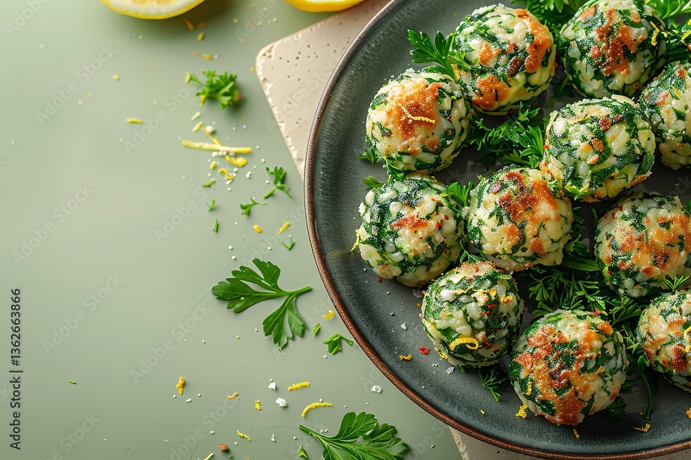 Poster close-up of spinach and ricotta arancini with garlic aioli set apart on a slate board garnished with