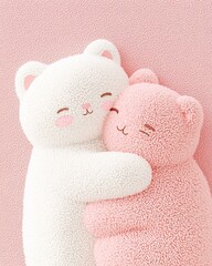 Mother day treasure devotion. Two adorable, fluffy bear plushies, one white and one pink, embrace each other against a soft, dotted pink background, exuding warmth and cuteness.