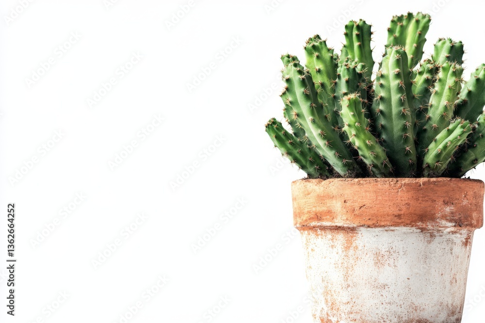 Poster cactus in a rustic pot against a plain background showcasing vibrant green spines and earthy tones