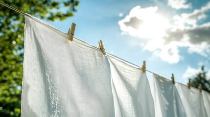 A row of white clothes drying on a clothesline, gently swaying in the wind under a bright sunny sky, symbolizing freshness and cleanliness