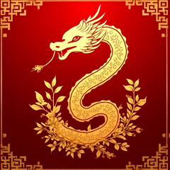 A majestic golden dragon gracefully winding through ornate floral embellishments, a symbol of prosperity and good fortune on a rich red background with classic Chinese border accents.