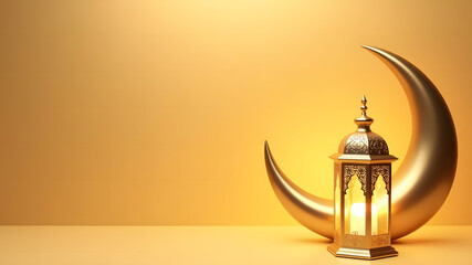 Islamic background, Eid greetings cards background. Golden lantern with crescent moon on golden background with empty copy space text area.. Design concept of Ramadan kareem, Eid al fitr, Eid ul adha.
