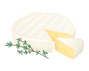 Soft white round brie cheese with thyme. Camembert, brie cut piece. Organic farm food. Design element, cartoon flat illustration for logo, poster, menu. Isolated on white background 