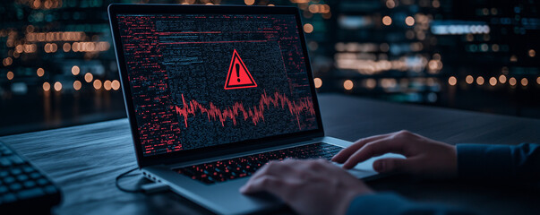 person using laptop with warning sign on screen, indicating potential cyber threat. background features blurred lights, creating tense atmosphere