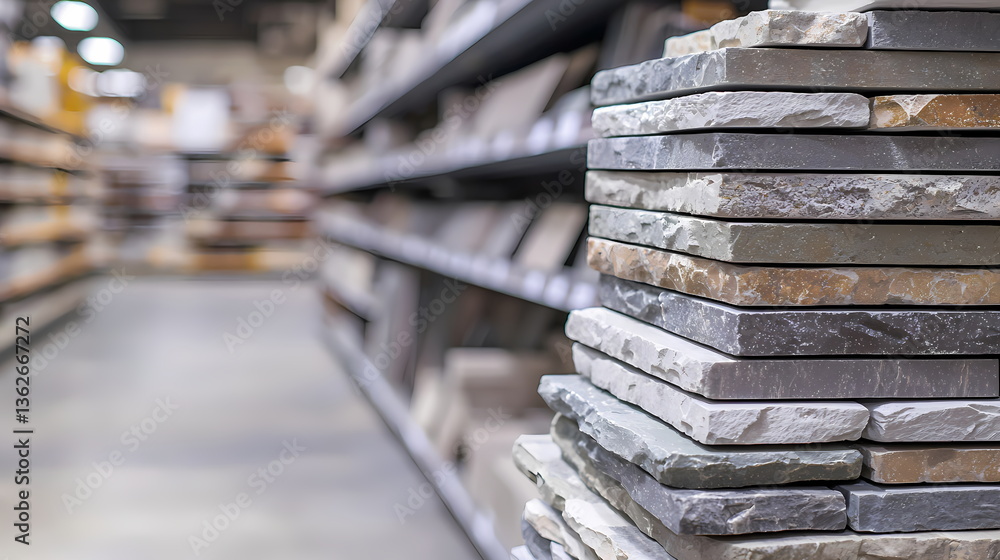 Poster stack of stone tiles displayed in hardware store aisle