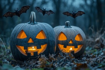Fototapeta premium Halloween pumpkins glow in the dark forest surrounded by flying bats on a foggy autumn night