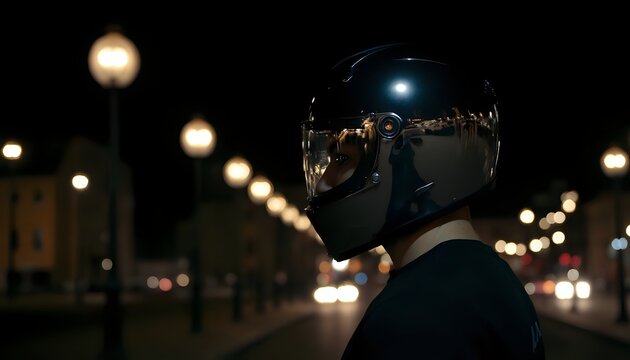 Biker Stop: A man in profile wearing a black T-shirt and a black shiny motorcycle helmet against the backdrop of a city street illuminated by dim streetlights