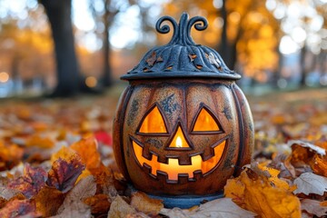 Pumpkin lantern glowing among autumn leaves in a park on a bright fall day