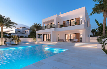Fototapeta premium Modern villa with swimming pool and terrace, surrounded by palm trees, showcasing luxurious outdoor living space. evening sky adds serene ambiance