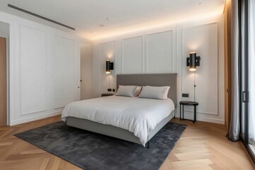 Modern bedroom interior design with gray bed, parquet floor, and minimalist decor.