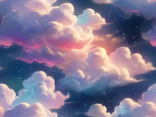 Dreamy clouds in a starry night sky with colorful hues and copy space