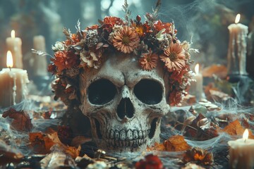 Decorative skull with flowers among autumn leaves and candles in a mystical setting at night