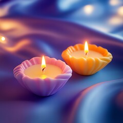 Two colorful candles on a fabric surface with a soft glow.