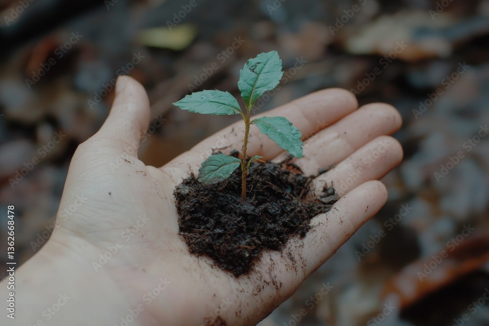 Aufkleber hand holding a small plant with soil against a backdrop of nature in a forest setting