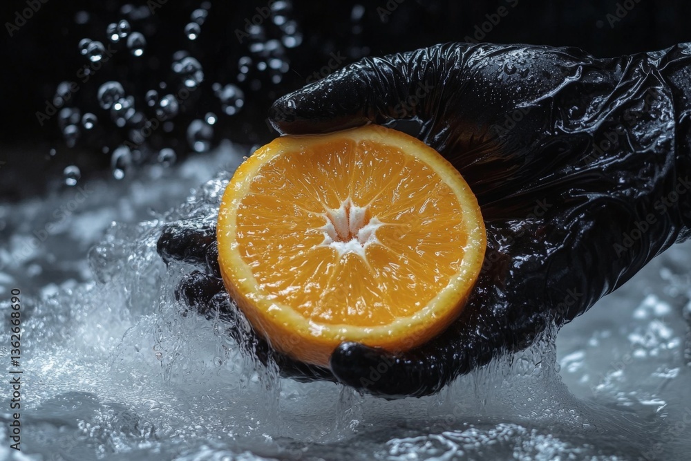 Poster slicing through water droplets with a vibrant orange slice held in a gloved hand during a food photo