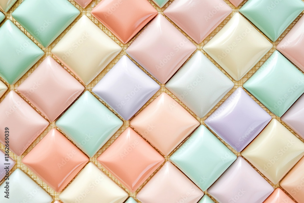 Poster Pastel diamond-shaped tiles arranged in a repeating pattern, creating a smooth and even texture, showcasing a calming and elegant design, ideal for a background