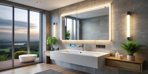 High-tech smart bathroom mirror with built-in features such as temperature control, humidity measurement and ambient lighting display, modern bathroom, high tech