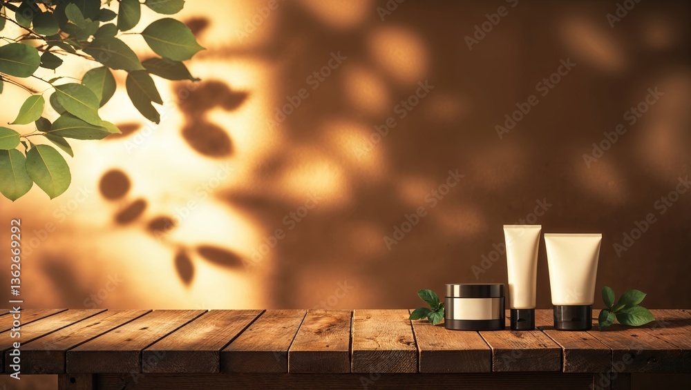 Poster natural skincare products displayed on a wooden table with soft lighting and greenery creating shado