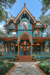 Fototapeta premium Ornate, teal-and-brown Victorian house with a stone walkway, surrounded by lush greenery under a bright sky