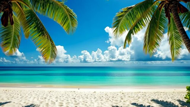 serene tropical beach view with lush palms over white sand and a clear turquoise ocean, concept of travel and leisure, holiday destinations, zoom in