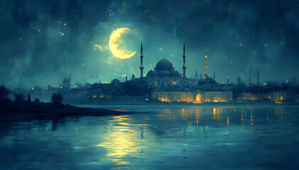 Night city skyline with towers reflected in water under a bright moon