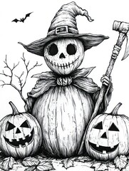 Spooky Halloween Scarecrow Pumpkin Illustration