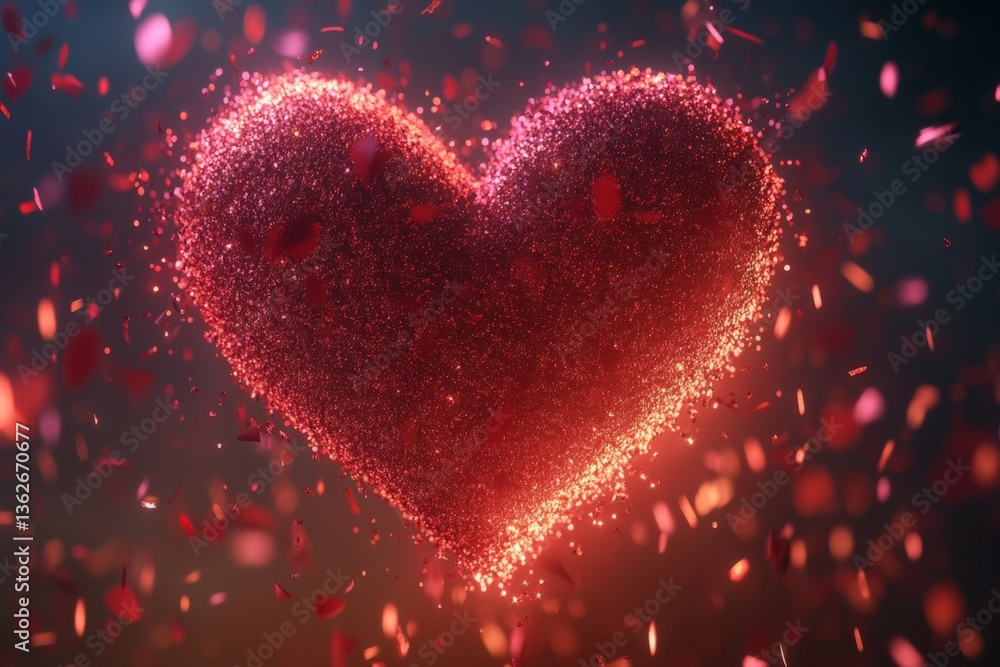 Poster Heart made of sparkling glitter surrounded by floating rose petals in a dreamy atmosphere