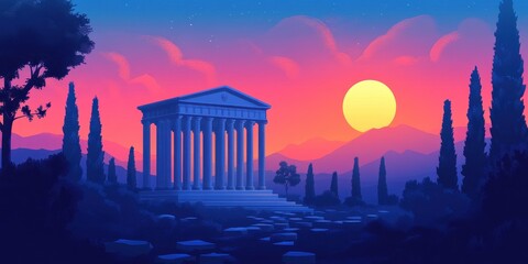 Fototapeta premium Classical Greek Temple at Sunset with Majestic Columns Set Against a Vibrant Sky and Silhouetted Ancient Landscape in Enchanting Colors