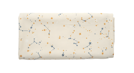 Soft fabric with constellations and stars pattern in blue, orange, and cream colors, ideal for textile design and creative projects focused on astronomy themes.
