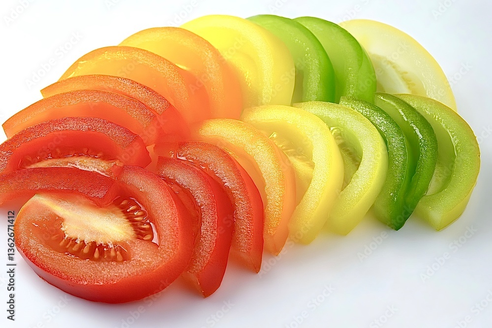 Poster sliced tomatoes showing colorful gradient from red to green on white background