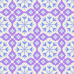 Graceful seamless vector pattern with geometric floral motifs in purple, blue, and white on cream. Ideal for textile design, wallpaper, interior decor, and craft projects with a vintage folk allure.