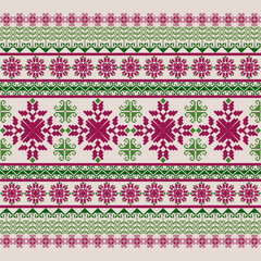 Charming seamless vector pattern with geometric floral motifs in red and green on cream. Perfect for textile design, wallpaper, interior decor, and craft projects with a rustic folk aesthetic.
