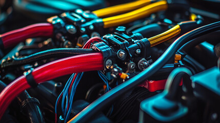 A close up shot of a car engine bay with colorful wires and tubes in sharp focus and dark background